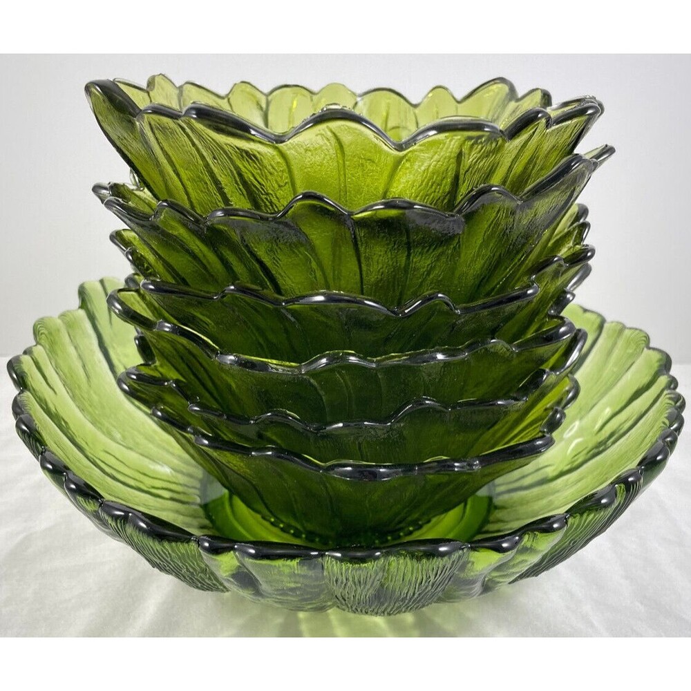 Indiana Glass Avocado Sunflower Bowl Set of 7 Serving Salad Green MCM Vintage